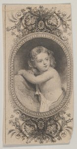 Sedelmotiv: ett barnporträtt och två mönstrade ovaler omgivna av ett blommigt f..., ca. 1824-37.