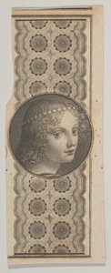 Sedelmotiv med ett flickhuvud härlett från Leonardo da Vinci mot ett mönster..., ca. 1824-37.