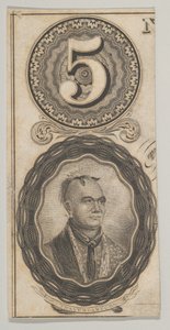 Sedelmotiv: siffran 5 och ett porträtt av Thayendanegea, ca. 1824-37.