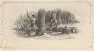 Sedelvinjett som visar skogsmän som fäller träd i en snöig skog, ca. 1824-37.