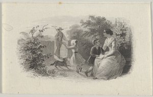 Sedelvinjett med familj i en trädgård, ca. 1824-37.
