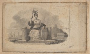 Sedelvinjett med kvinnlig figur som föreställer Amerika, ca. 1824-37.