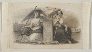 Sedelvinjett med kvinnliga figurer som representerar Liberty and Justice, ca. 1824-37.