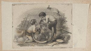 Sedelvinjett med tre puttar som herde, bonde och sjöman, ca. 1824-37.