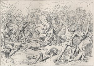 Peloponnesiska kriget: Slaget vid Potidee (La battaglia di Potidea) där den grekiske filosofen Sokrates räddade hans liv i Alcibiade. (Engraving d