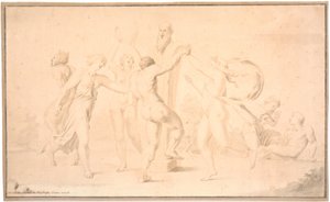 Bakre kanal. En satyr, en hind och tre hindar dansar om Priapsherme