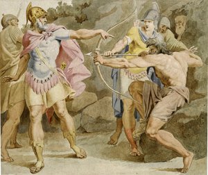 Philoctetes siktar på Ulysses med Herkules båge - Verk av Asmus Jacob Carstens (1754-1798), Bläck och akvarell på papper (49,5x58,5 cm)