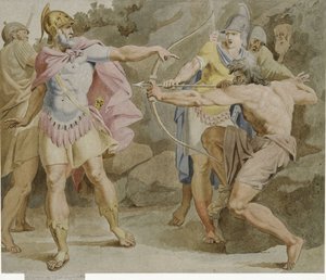 Filoktetes riktar Herkules båge mot Odysseus