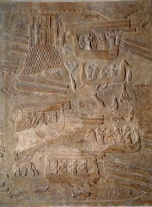 Art Mesopotamia (Assyrien): innergård till palatset till kungen av Assyrien Sargon II (721 - 705 f.Kr.) transport av cederträ från Libanon. Paris, Louvren av Assyrian