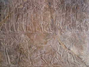 Orientalisk antikvitet: detalj av en basrelief i kalksten: musikerna från Assurbanipals eller Ashurbanipals rustning, kungen av Assyrien (Mesopotamien) (669 f.Kr.-627 f.Kr.). 640 f.Kr. Från Nineve. Paris, Louvren av Assyrian
