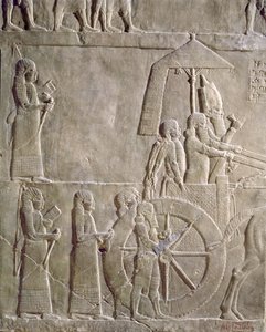 Relief som föreställer kung Assurbanipals vagn och elamitiska fångar, episoder från Elam-kampanjen, från Assurbanipals palats i Nineveh, ca 645 f.Kr.