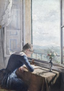 Kvinna som läser vid ett öppet fönster