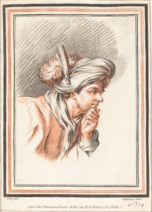 Huvudet på en man som bär en plymerad turban av Atelier of Gilles Demarteau the Elder after Carle Van Loo