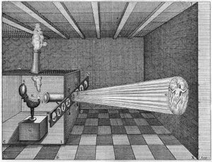 En camera obscura (Magic Lantern) projicerar bilden av en man som brinner i helvetet - (Trolllykta. Fader Kirchers magiska lykta. Tidig lykta diaprojektor) I "" Ars Magna Lucis Et Umbrae"" av Athanasius Kircher