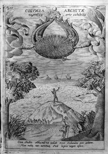 Archytas av Taranto (435-347 f.Kr.) flyger en träduva. Gravyr från "Mundus Subterraneus" av Athanasius Kircher (1601-1680), jesvit, orientalist och lärd. av Athanasius Kircher