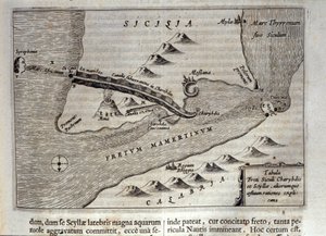 Kartografisk representation av Charybde"" och "Scylla"" i Detroit of Messina, Sicilien""" Gravyr från "Mundus Subterraneus"" av Athanasius Kircher (1601-1680), jesvit, orientalist och forskare 1682