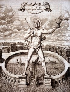 Kolossen av Rhodos (staty av Helios) vid ingången till hamnen. - i "Turris Babel"" av Athanasius Kircher (1601-1680), tysk orientalist och forskare