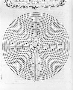 Labyrinten Cnossos designad av Dedale - I mitten är minotauren - "Turris Babel" av Athanase Kircher - Amsterdam av Athanasius Kircher