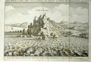 Utsikt över klipporna "" Charybde"" och "" Scylla"" i Detroit of Messina, Sicilien""" Gravyr från "" Mundus Subterraneus"" av Athanasius Kircher (1601-1680), jesvit, orientalist och lärd 1682 av Athanasius Kircher