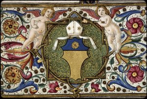 Missal av Thomas James: detalj av kommissionärens vapen, "Or, on a chief azure a rose Or".