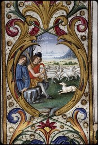 Missal av Thomas James: detalj av en marginalmedaljong: herdar.