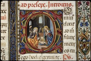 Missal av Thomas James: detalj av bokstaven D: Födelsekyrkan.