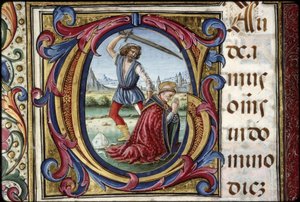 Thomas James missal: detalj av en bokstav G: den helige Thomas Beckets martyrdöd.