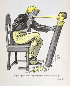 "Pinocchios näsa började växa medan Gepetto fortsatte att skära ut hans figur", illustration ur "Pinocchio" av Carlo Collodi (1826-90) 1935 (färglitografi)