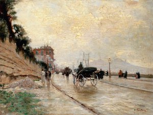 Vagn på strandpromenaden i Neapel (olja på panel)