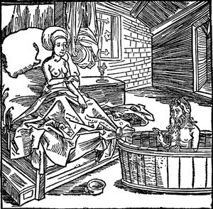 Kvinnan och den badande eremiten. av attributed to Albrecht Dürer
