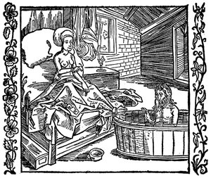 Kvinnan och den badande eremiten. av attributed to Albrecht Dürer