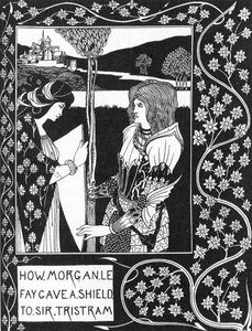Arthurian Legend: "" Avgiften Morgane ger en sköld till Tristan""" Gravyr i "Berättelsen om Tristan och hans äventyr, som inkluderar hans kärlekshistoria med Isolde"" "The Morte of Arthur"" av Sir Thomas Malory, utgåva illustrerad av Aubrey gav Beardsley ( av Aubrey Beardsley