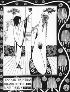 Arthurian Legend: "" Tristan drinking the love philtre""" Gravyr i "" Berättelsen om Tristan och hans äventyr, som inkluderar hans kärlekshistoria med Isolde"""" från Sir Thomas Malory, utgåva illustrerad av Aubrey Beardsley (1872-1898) ) 1893-1894 (Arthur av Aubrey Beardsley