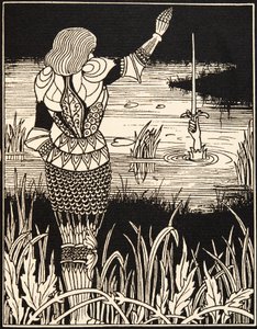 Hur Sir Bedivere kastade svärdet Excalibur i vattnet av Aubrey Beardsley