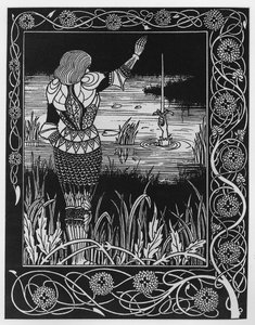 Hur Sir Bedivere kastade svärdet Excalibur i vattnet, en illustration från 