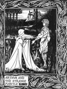 Kung Arthur tar emot besök av en ung flicka skickad av avgiften Morgane (Kung Arthur och den märkliga manteln skickad av Morgan the fay) Illustration av Aubrey Beardsley (1872-1898) från Thomas Malorys "The Death of Arthur" av Aubrey Beardsley