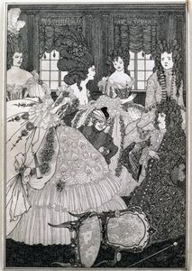 "The Battle of the Beaux and the Belles", teckning för den åttonde illustrationen från "Rape of the Lock" av Alexander Pope (1688-1744) pub. av Leonard Smithers av Aubrey Beardsley