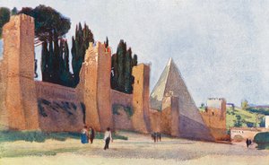 Rom: Aurelianmuren med Caius Cestius pyramid (färglitografi)