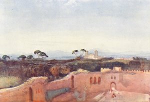 Rom: Villa Borghese från ett tak (färglitografi)