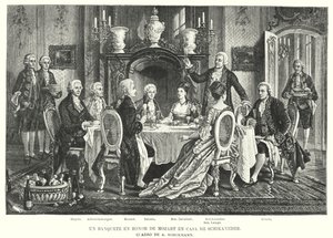En bankett till Mozarts ära i Schikaneders hus (litho) av August (after) Borckmann