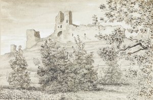 Utsikt över ruinerna av Rakvere Castle, 1828 (sepia och penna på papper)
