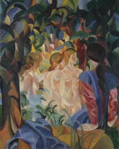 Badande flickor med staden i bakgrunden av August Macke