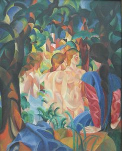 Badande flickor med staden i bakgrunden av August Macke