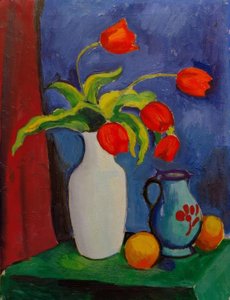 Röda tulpaner i en vit vas av August Macke