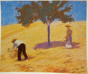 Träd i en rågfält (blyerts, olja på kartong) av August Macke