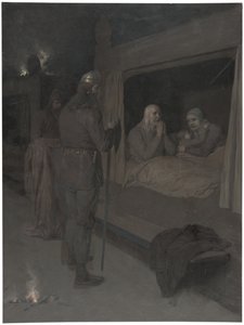 Njal, Bergthora och Thord Karisson beslutar att låta sig brännas levande. Illustration till Njals saga, kap. 129 av August Malmström