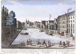 Vue av Kleveniers Canal, Amsterdam, ca 1740-1770 (handfärgad gravyr) av August Vindel
