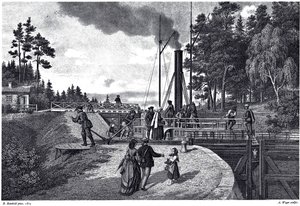 Utsikt över Juustila slussen i Finland, 1873