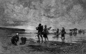 Stor sto i kanalen (1800-talet): fiskare av snäckor på en strand. Gravyr efter målningen av Hagborg Auguste Wilhem Nikolaus (1852-1921/1925) i "The Illustrous World" nr 1219 den 7 augusti av August Wilhelm Nikolaus Hagborg