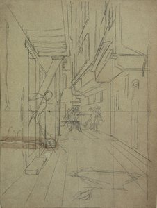 Perspektivskiss för "Street Fight in a Venetian Alley" av August von Pettenkofen